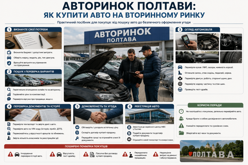 Інфографіка про купівлю вживаного автомобіля на авторинку Полтави з перевіркою стану, документів, історії та оформленням угоди
