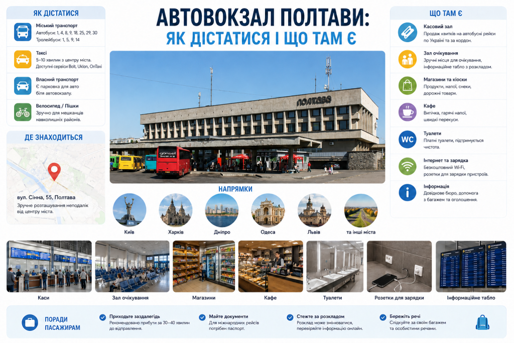 Інфографіка про автовокзал Полтави з інформацією про транспорт, розташування, послуги та напрямки автобусів