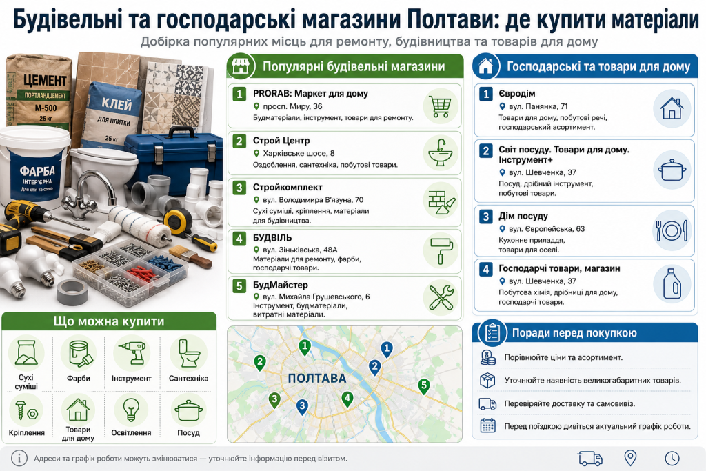 Інфографіка про будівельні та господарські магазини Полтави з адресами, асортиментом матеріалів, інструментів і товарів для дому