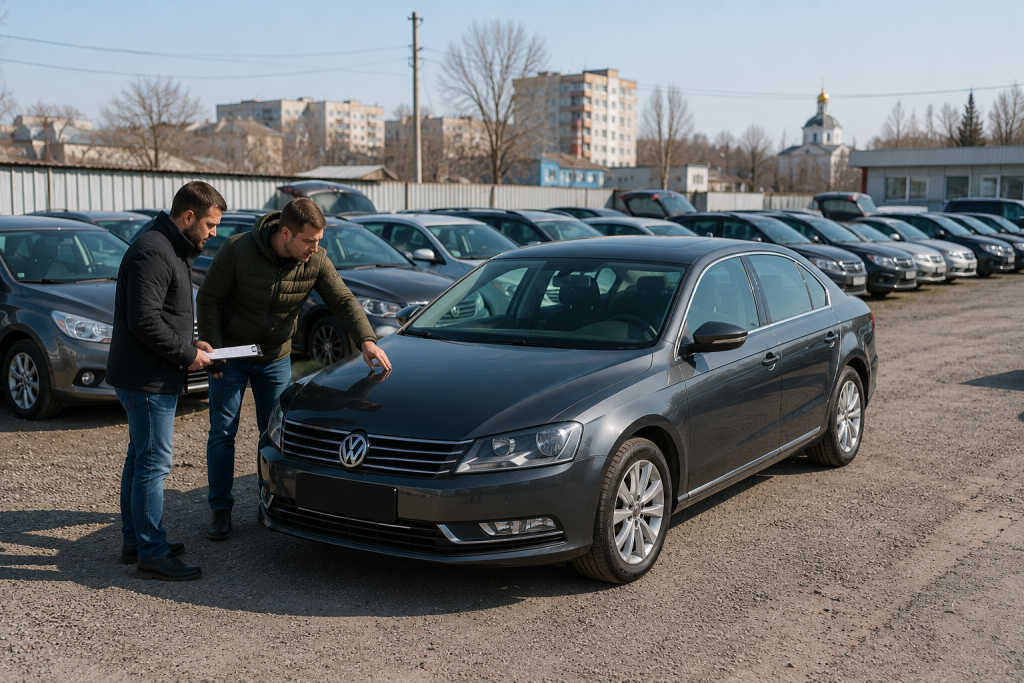 Двоє чоловіків оглядають вживаний автомобіль на авторинку в Полтаві перед купівлею та перевіряють стан кузова