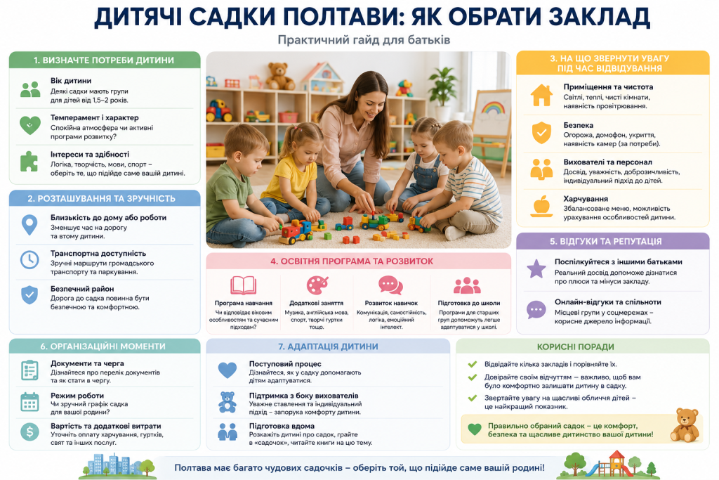 Інфографіка про вибір дитячого садка в Полтаві з основними критеріями, типами закладів та умовами вступу