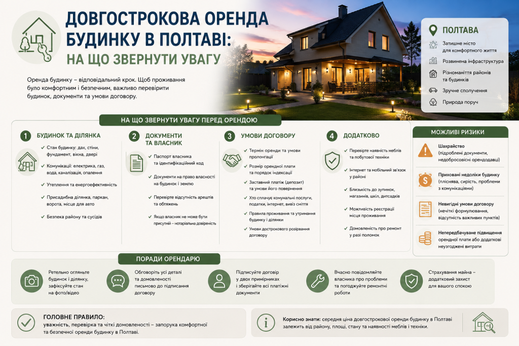 Інфографіка про довгострокову оренду будинку в Полтаві з порадами щодо перевірки житла, документів та договору оренди