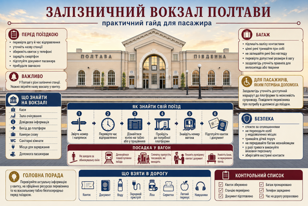 Інфографіка для пасажирів про залізничний вокзал Полтави, його послуги, інфраструктуру та правила подорожі