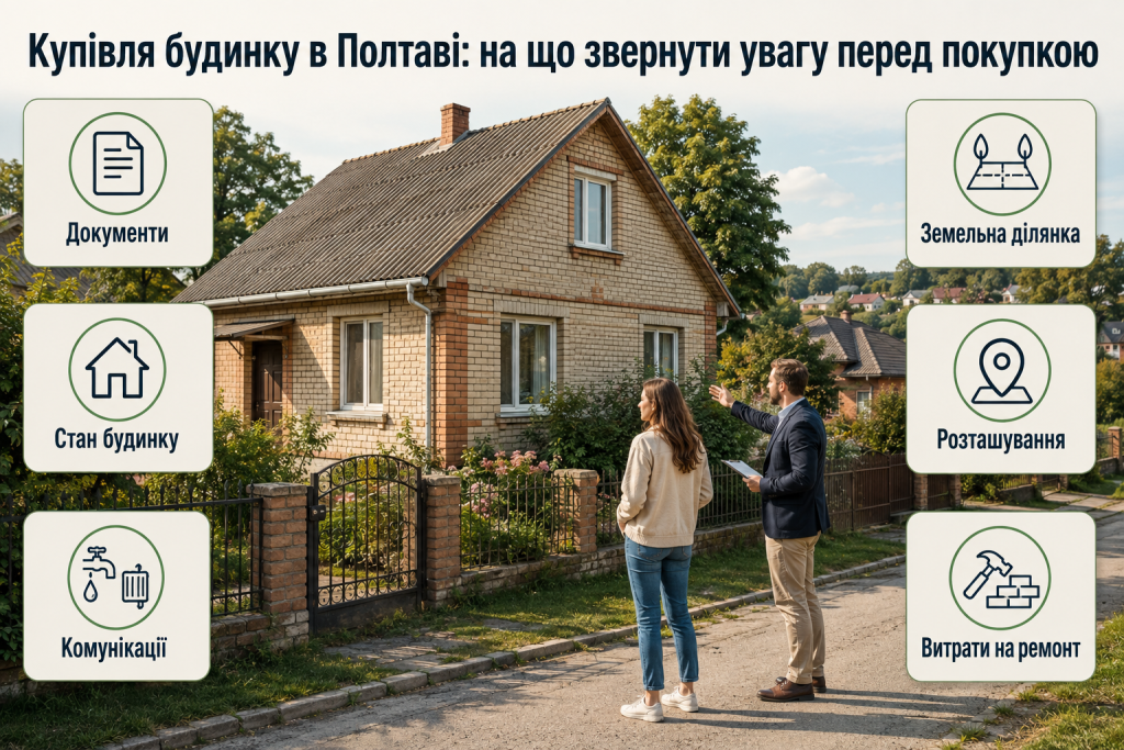Інфографіка про вибір будинку в Полтаві з перевіркою документів, стану будинку, комунікацій, ділянки, розташування та витрат на ремонт