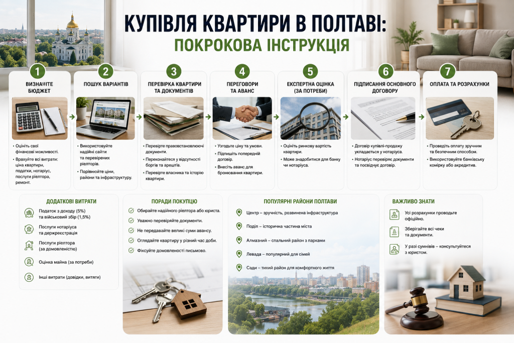 Інфографіка з покроковою інструкцією купівлі квартири в Полтаві, від вибору житла до оформлення договору та оплати