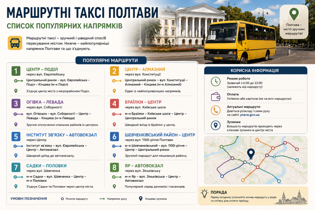 Інфографіка маршрутних таксі Полтави з популярними напрямками, зупинками та схемою руху маршруток містом
