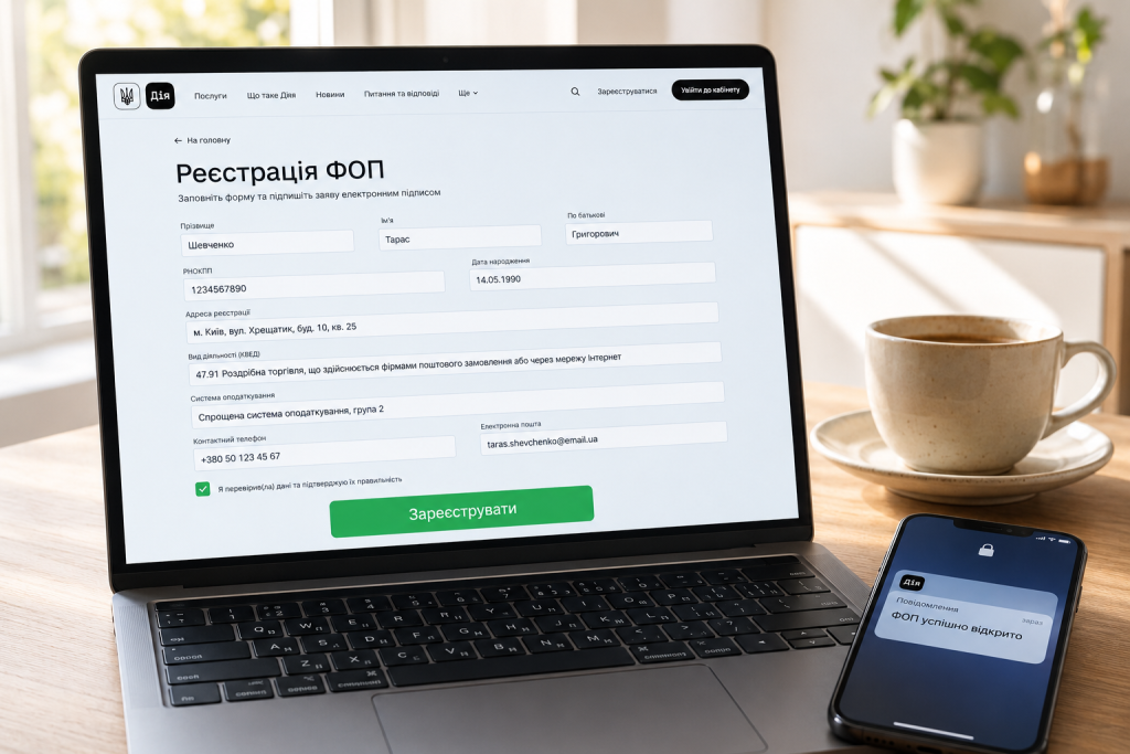 Реєстрація ФОП онлайн через портал Дія на ноутбуці та повідомлення про успішне відкриття ФОП