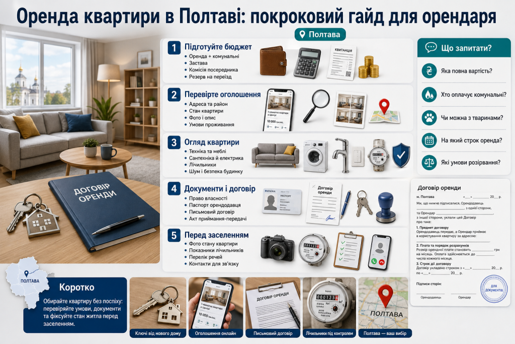 Інфографіка про оренду квартири в Полтаві з етапами пошуку житла, перевірки квартири та оформлення договору