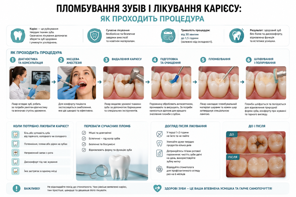Інфографіка про пломбування зубів і лікування карієсу з основними етапами стоматологічної процедури