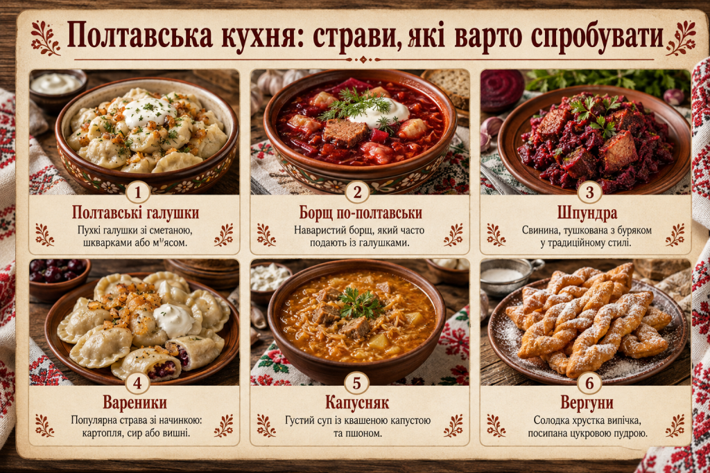 Інфографіка про традиційну полтавську кухню з галушками, борщем по-полтавськи, шпундрою, варениками, капусняком і вергунами