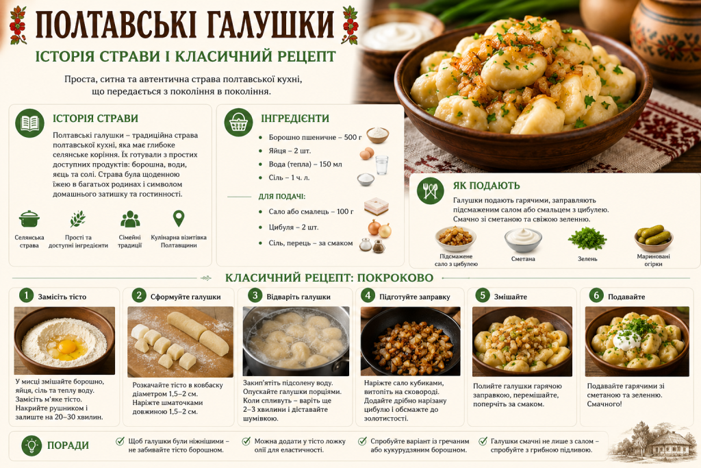 Інфографіка про полтавські галушки з історією традиційної страви, інгредієнтами та покроковим рецептом приготування