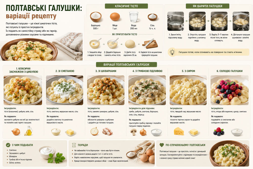 Інфографіка з рецептом полтавських галушок, класичним тістом, способом приготування та популярними варіантами подачі