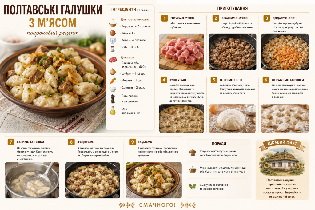 Інфографіка з покроковим рецептом полтавських галушок з м’ясом, інгредієнтами та етапами приготування