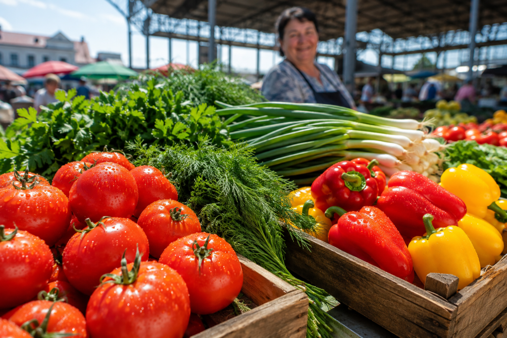 Ринки Полтави: де купити найсвіжіші продукти Свіжі помідори, перець, зелень і цибуля на прилавку продуктового ринку в Полтаві
