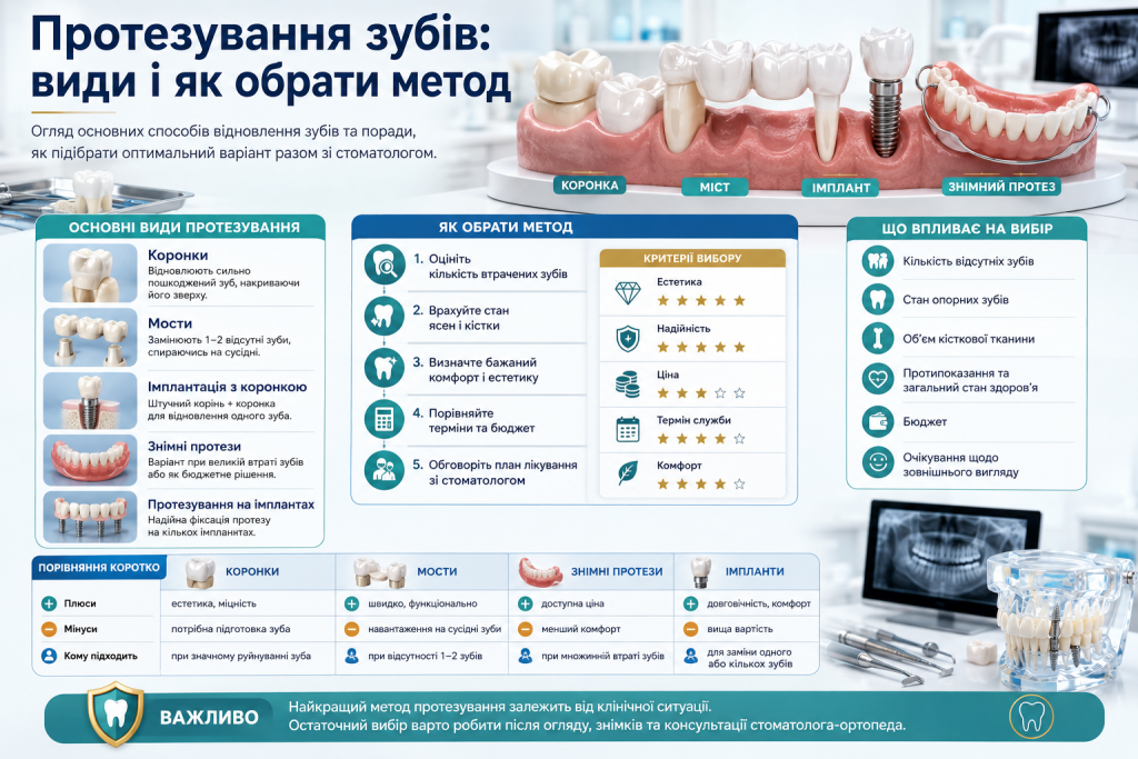 Інфографіка про протезування зубів з порівнянням коронок, мостів, імплантів і знімних зубних протезів