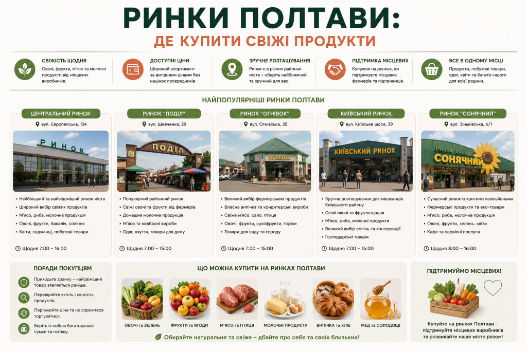 Інфографіка про популярні ринки Полтави, де можна купити свіжі овочі, фрукти, м’ясо, молочні продукти та інші товари