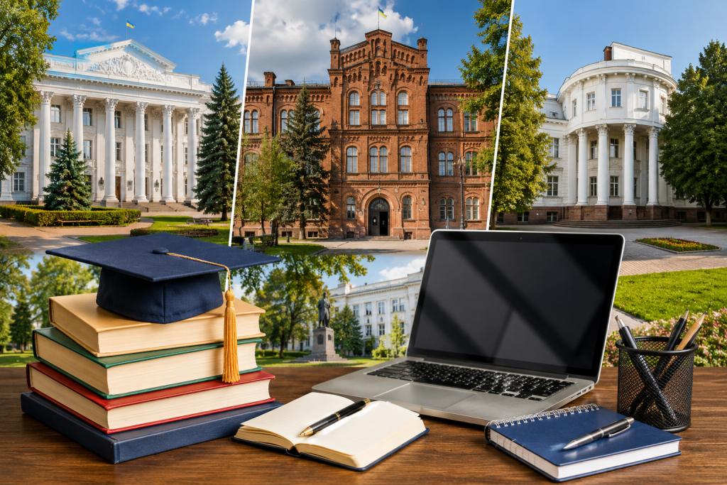Колаж із будівлями університетів Полтави, книгами, ноутбуком і академічною шапочкою як символами вищої освіти