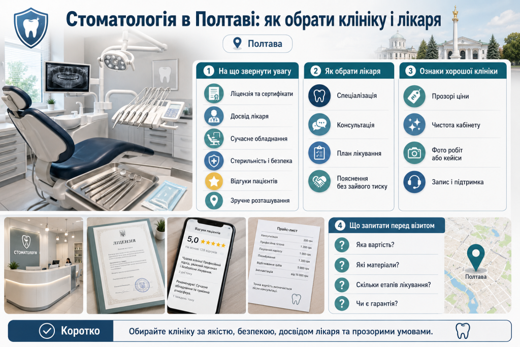 Інфографіка про вибір стоматологічної клініки та лікаря у Полтаві з основними критеріями та порадами