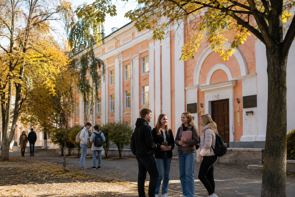 Учні біля будівлі ліцею в Полтаві під час перерви в осінній день