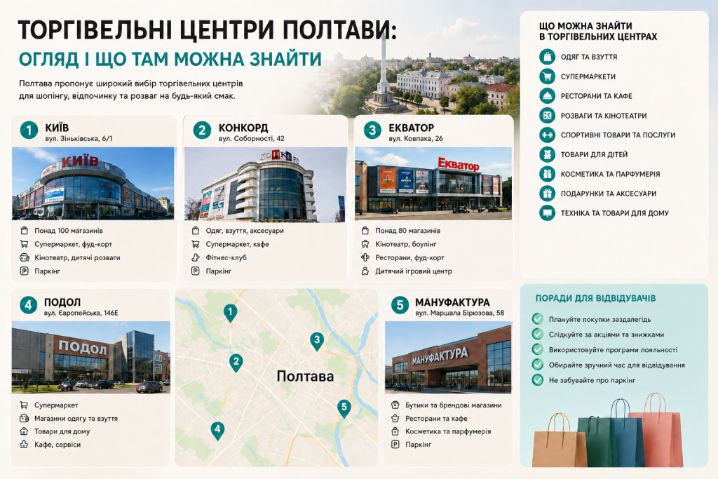 Інфографіка про торговельні центри Полтави з адресами, магазинами, розвагами та розташуванням ТРЦ на карті міста