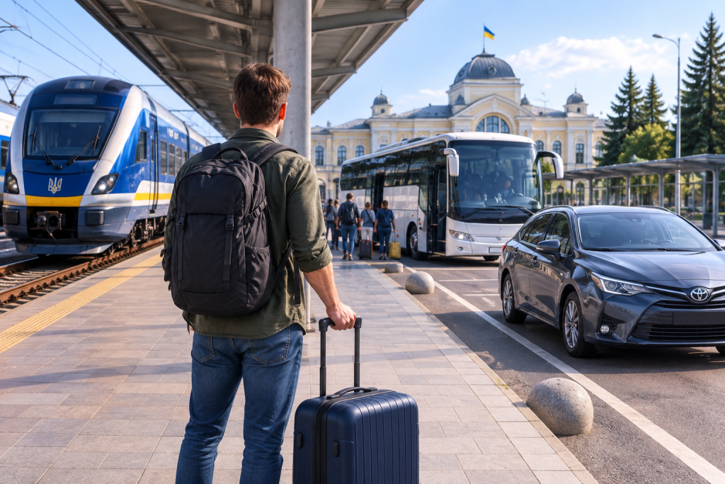 Пасажир із валізою обирає між потягом, автобусом та автомобілем для поїздки з Полтави до Києва