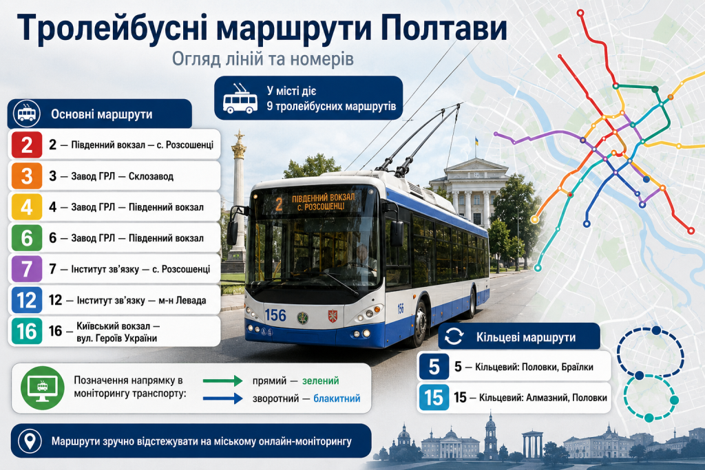 Схема тролейбусних маршрутів Полтави з номерами, напрямками руху та основними лініями міського транспорту