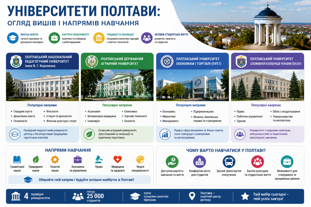 Інфографіка про університети Полтави, популярні спеціальності, напрями навчання та переваги студентського життя в місті