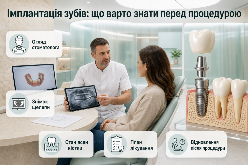 Інфографіка про підготовку до імплантації зубів, огляд стоматолога, знімок щелепи, стан ясен і план лікування
