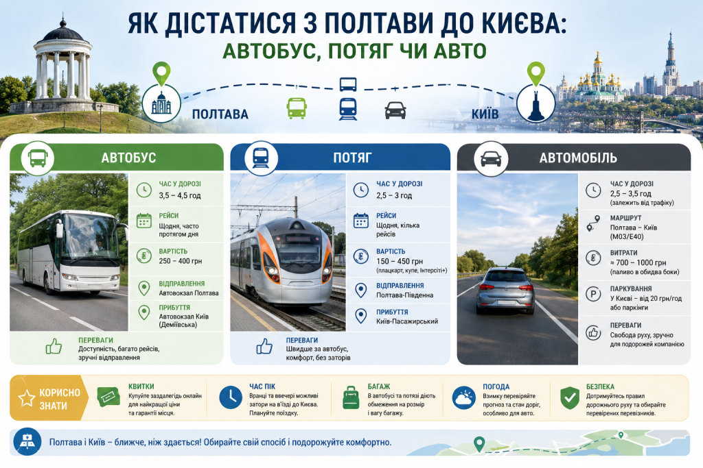 Інфографіка з порівнянням поїздки з Полтави до Києва автобусом, потягом та автомобілем за часом, ціною і зручністю