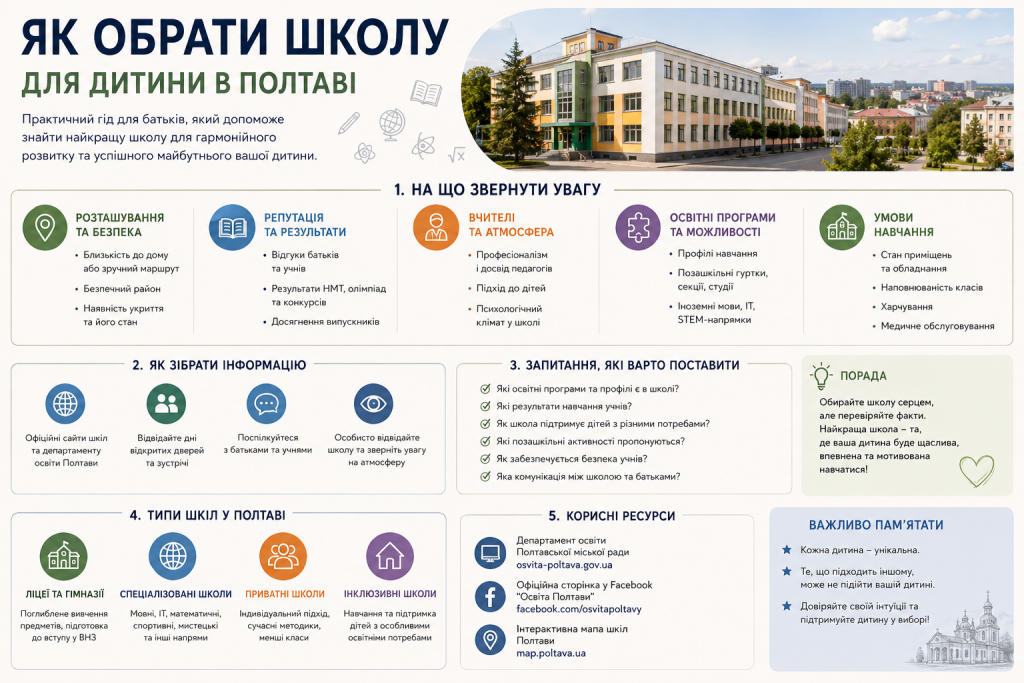 Інфографіка про вибір школи для дитини в Полтаві з основними критеріями, типами шкіл та порадами для батьків