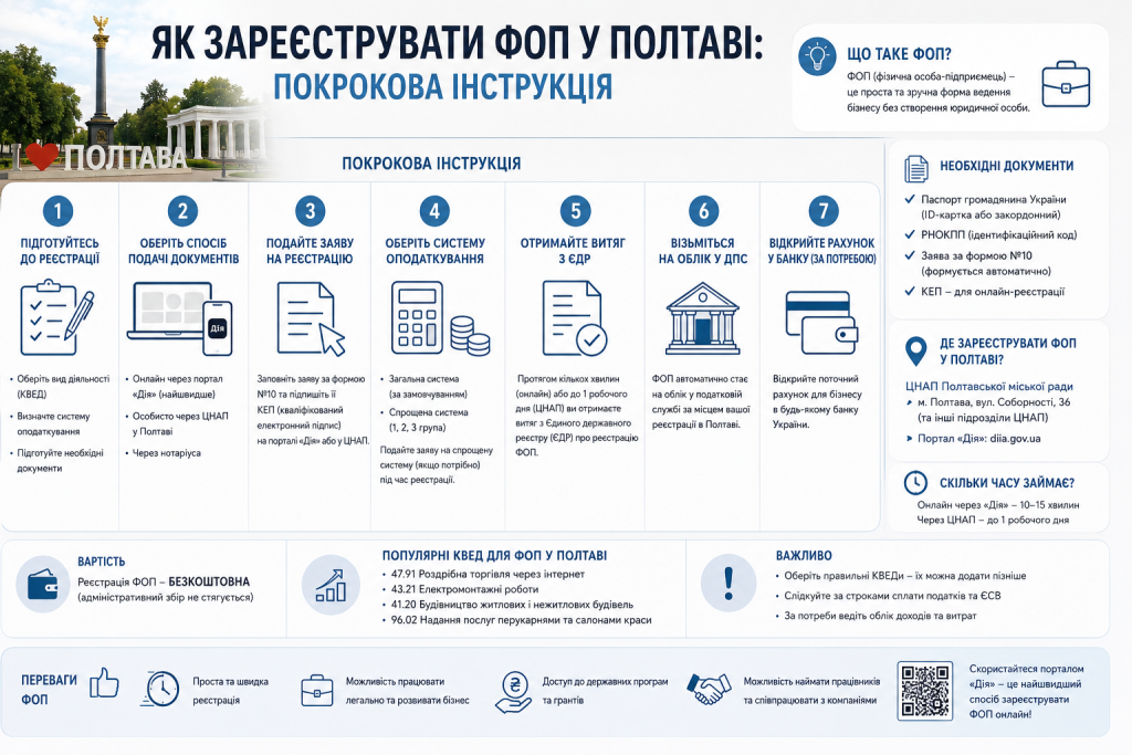 Інфографіка про реєстрацію ФОП у Полтаві з основними етапами, документами та способами подання заяви