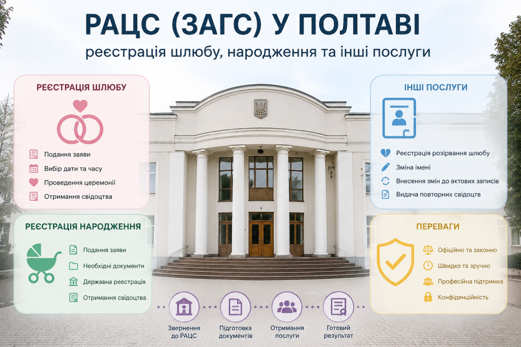 Інфографіка про послуги РАЦС у Полтаві, реєстрацію шлюбу й народження, зміну імені та оформлення актових записів