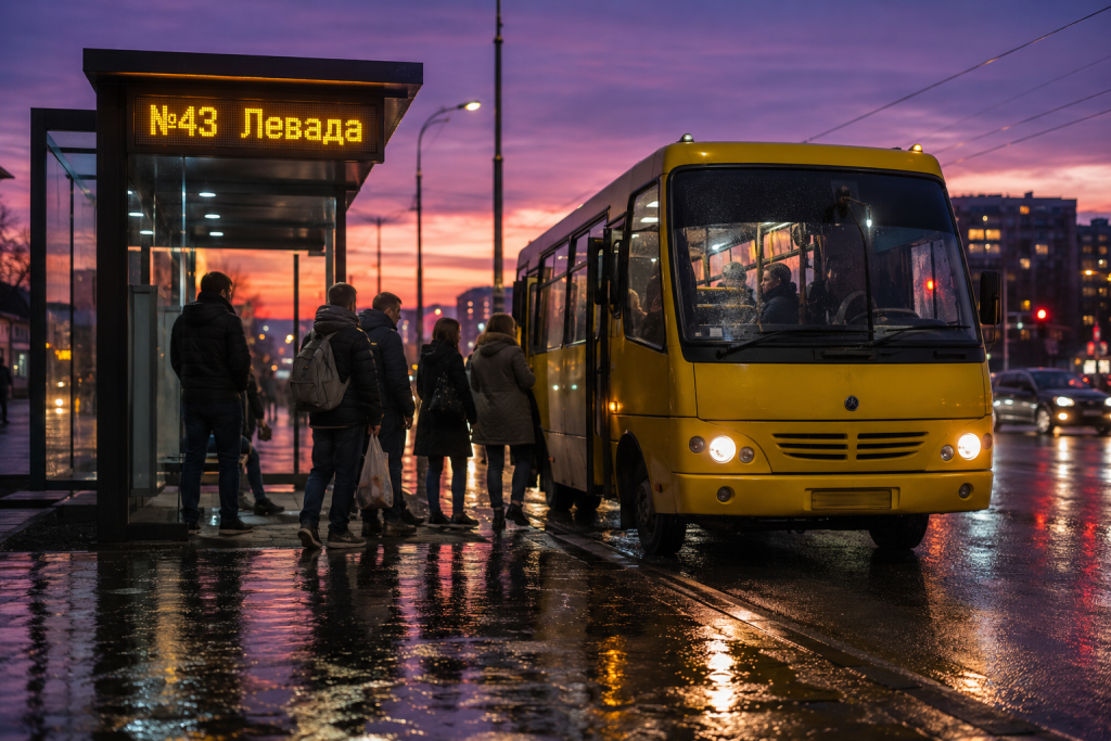 Маршрутне таксі на зупинці Левада в Полтаві ввечері, пасажири очікують посадки в автобус
