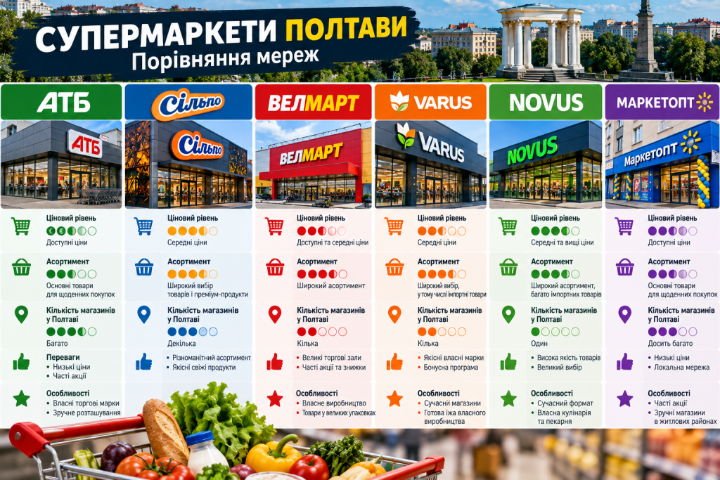 Інфографіка з порівнянням супермаркетів Полтави за цінами, асортиментом, кількістю магазинів, перевагами та особливостями.